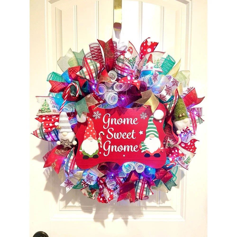Handmade Christmas Gnome Sweet Gnome Holiday Ribbon Door Wreath 22 ins LED W35